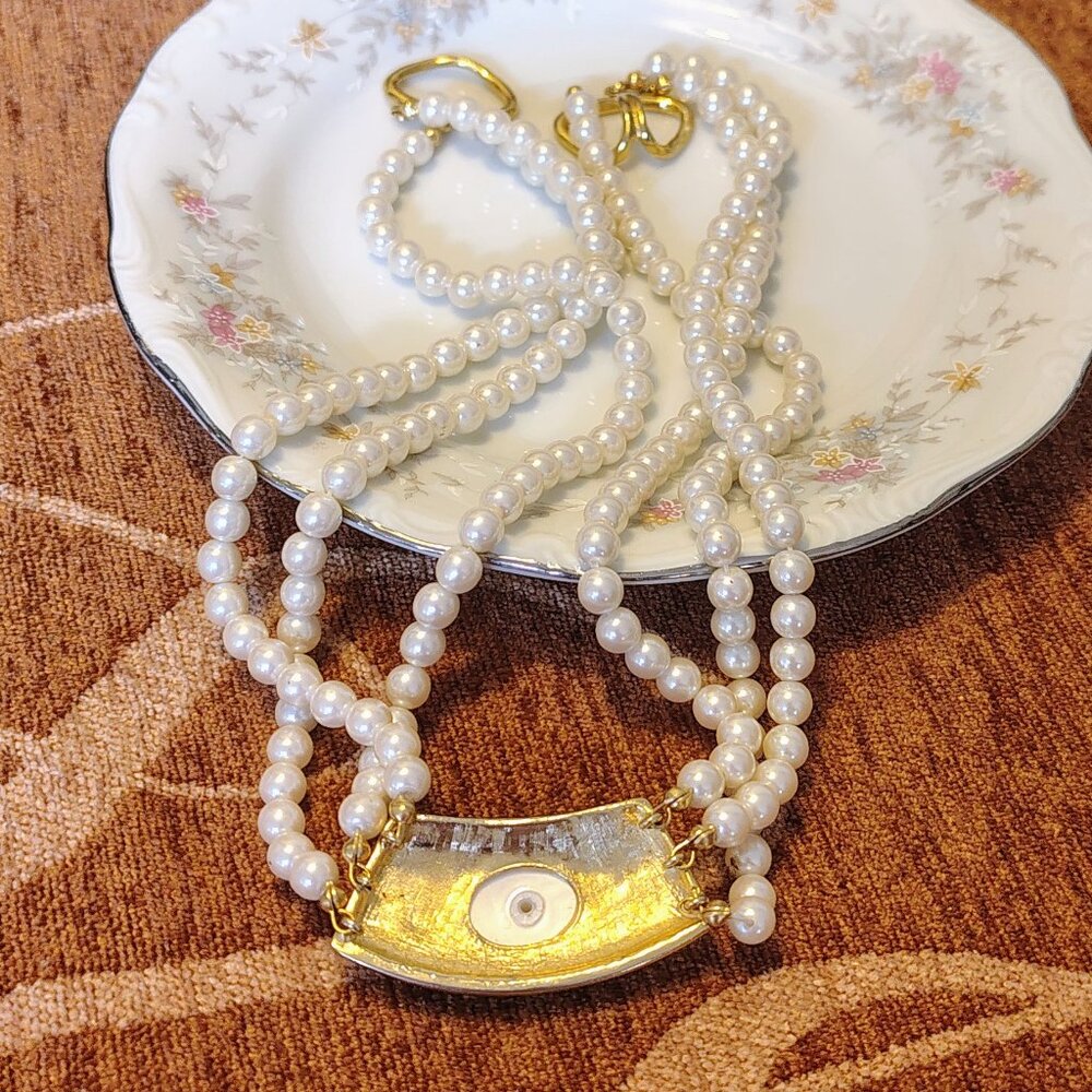 Vtg Glass faux Pearls Multiple Strands Navy Enamel Gold Tone Choker Necklace - Picture 3 of 6